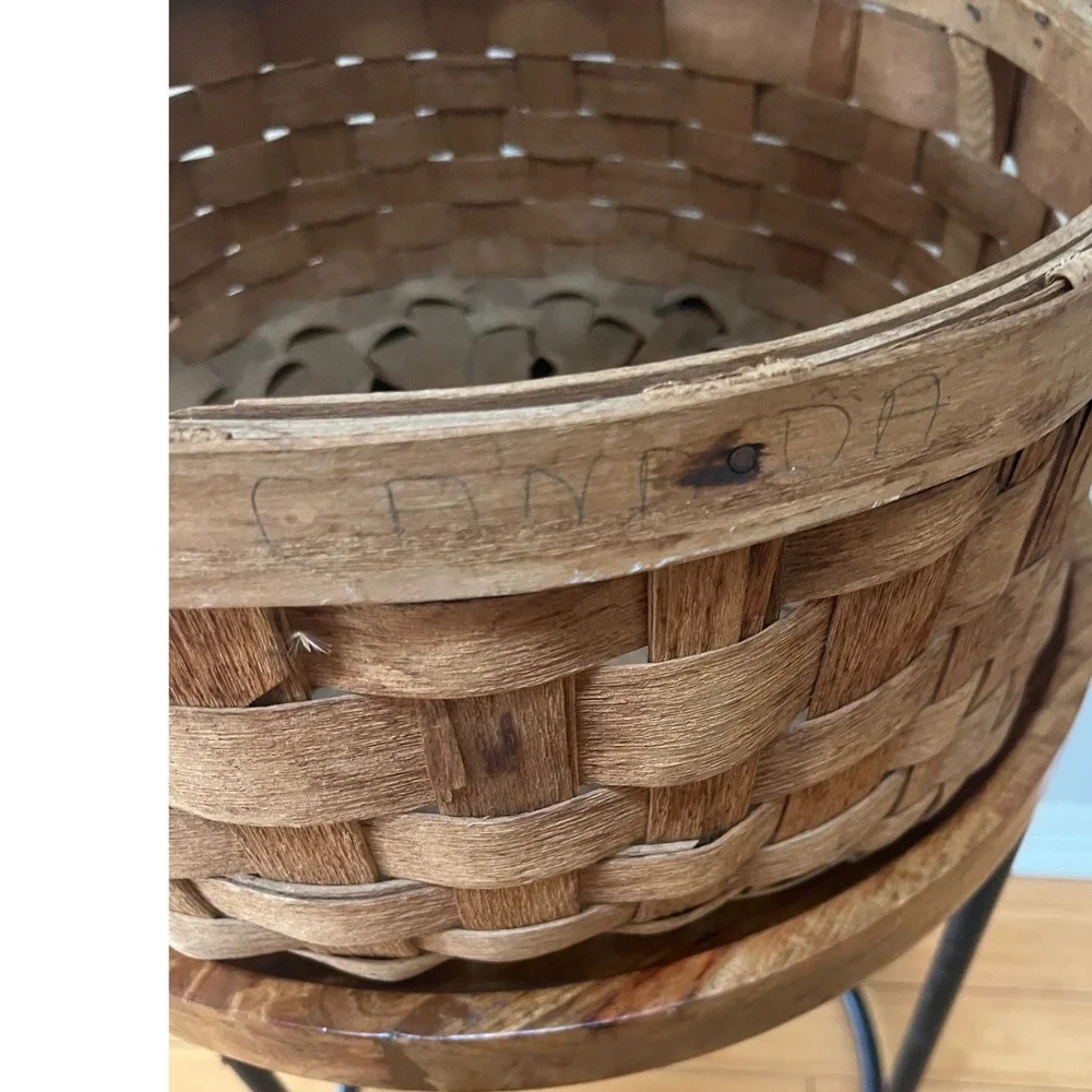 Large Vintage Splint Harvest Gathering Basket Carved Wooden Handle 18